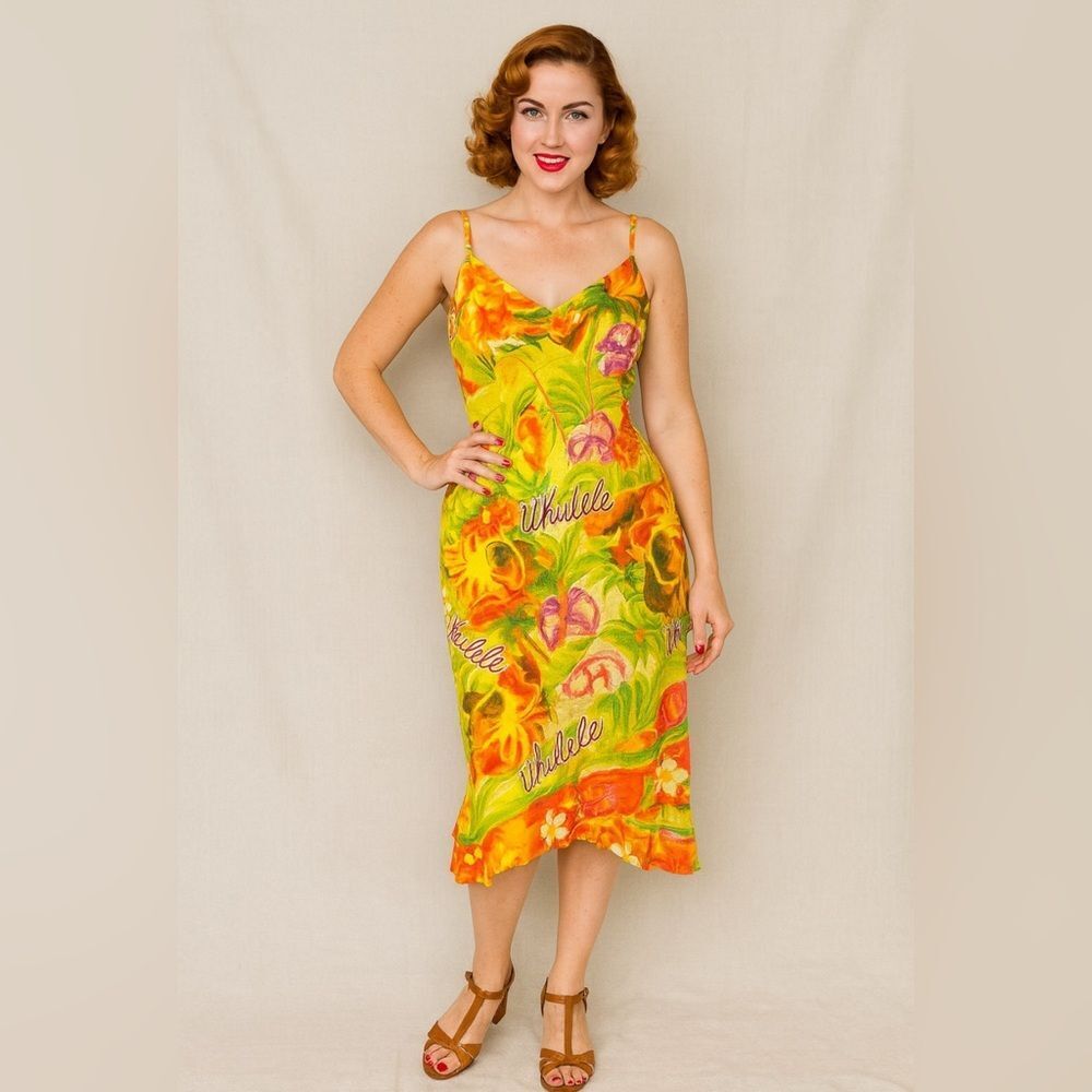Vintage Jams World Ukulele Hawaiian Tropical Rayon Slip Midi Dress Made Hawaii L